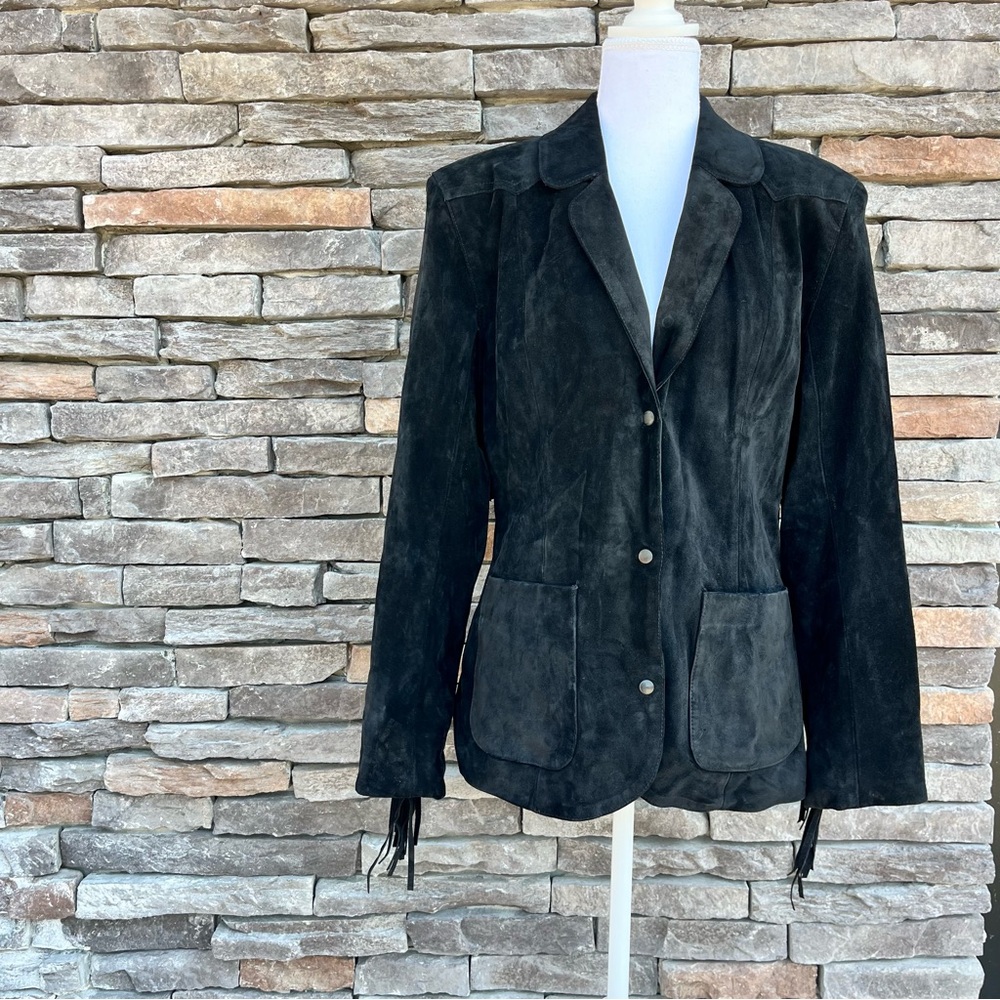 Vintage Maxima Black Suede Leather Jacket Fringe Western Rodeo Size 6